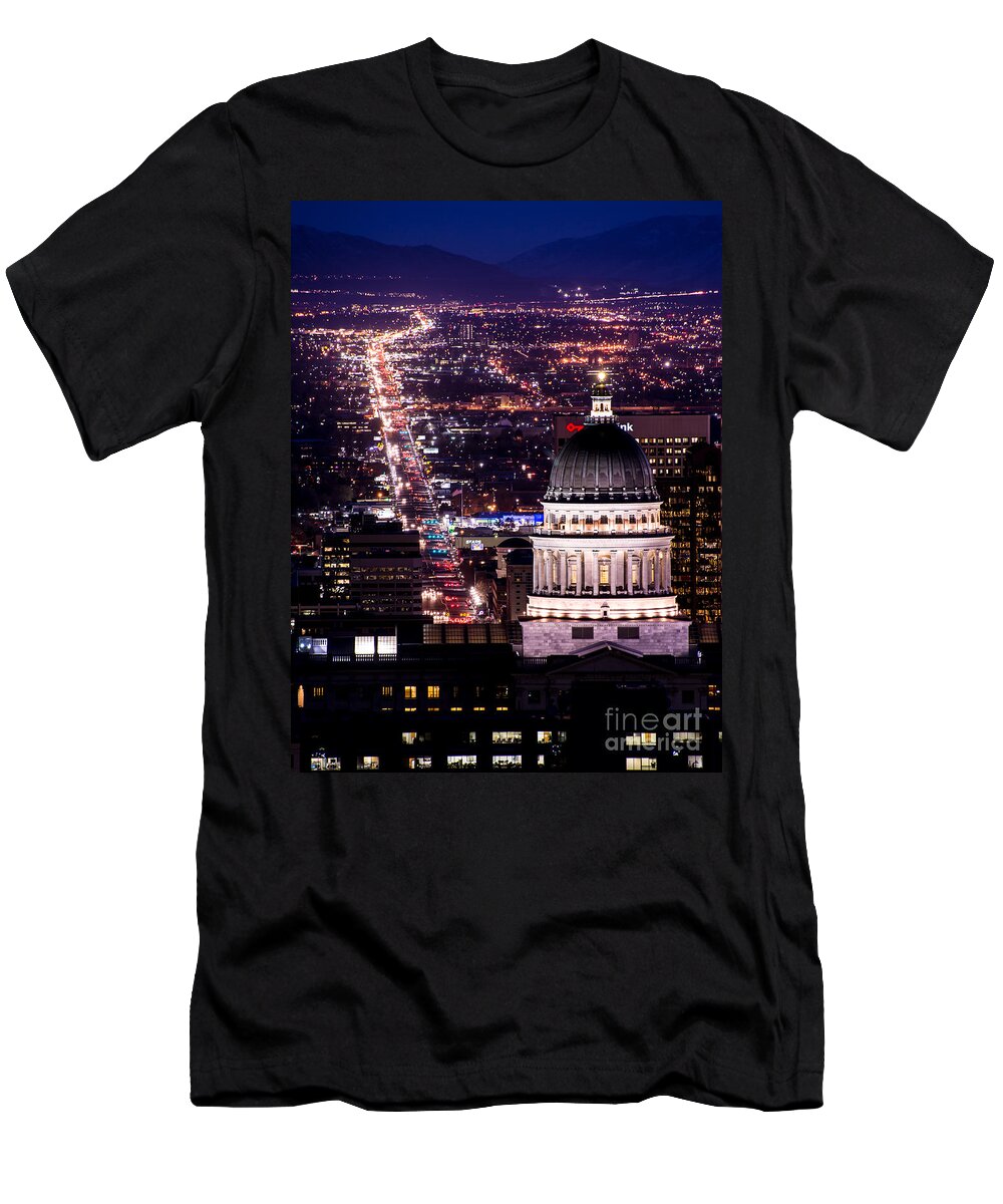 Utah Capitol T-Shirt featuring the photograph Utah Capitol and State Street at Night by Gary Whitton