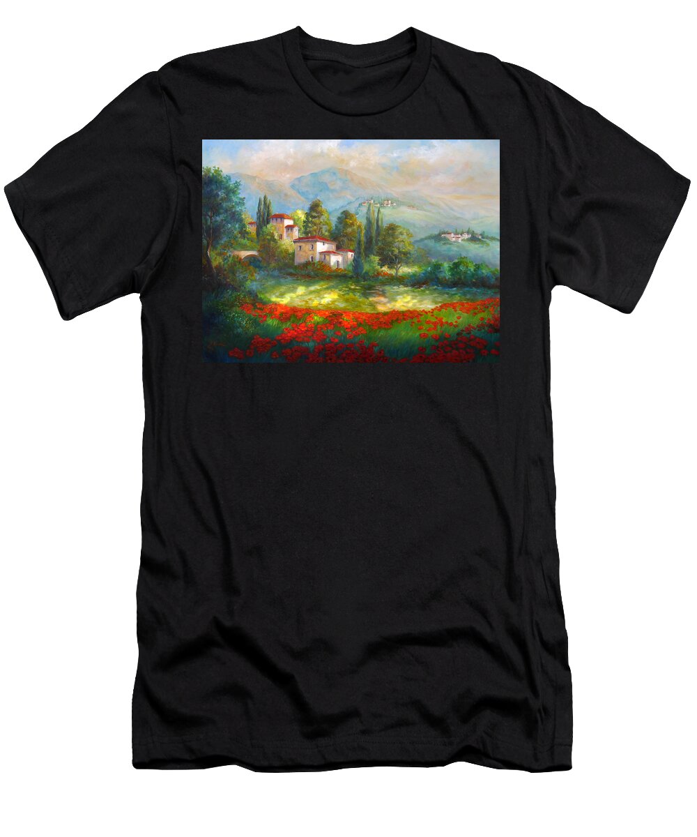 Italian Landscape T-Shirt featuring the painting Village with poppy fields by Regina Femrite