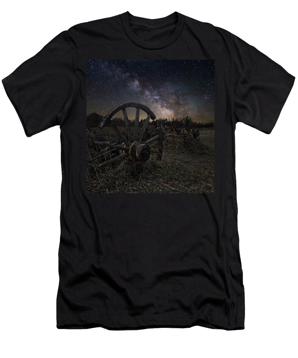 Wagon Decay And Milky Way T-Shirt featuring the photograph Wagon Decay by Aaron J Groen