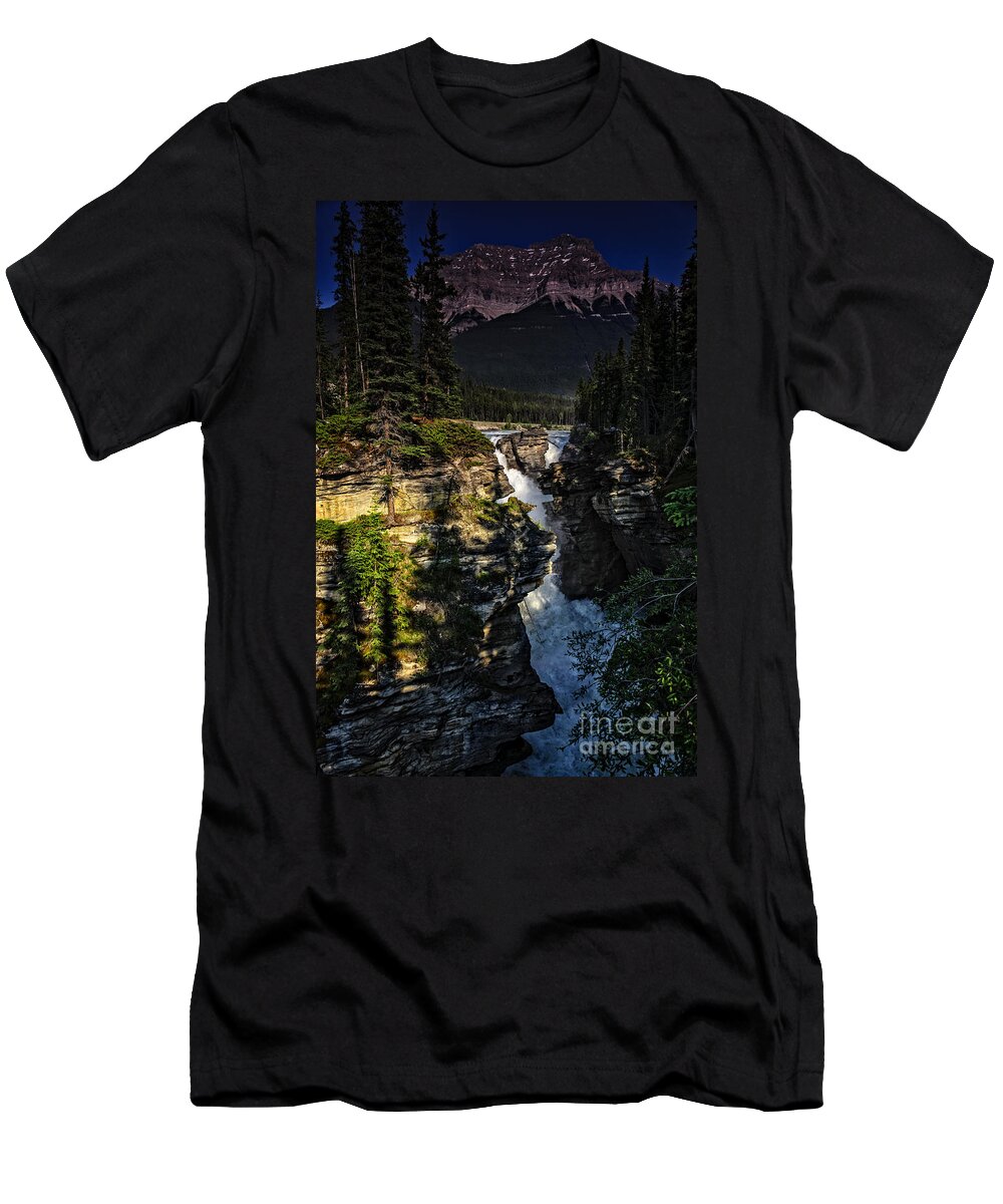 Waterfall T-Shirt featuring the photograph Waterfall and mountain in Jasper by Viktor Birkus