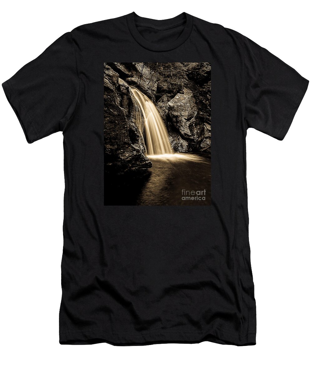Water T-Shirt featuring the photograph Waterfall Stowe Vermont Sepia Tone by Edward Fielding