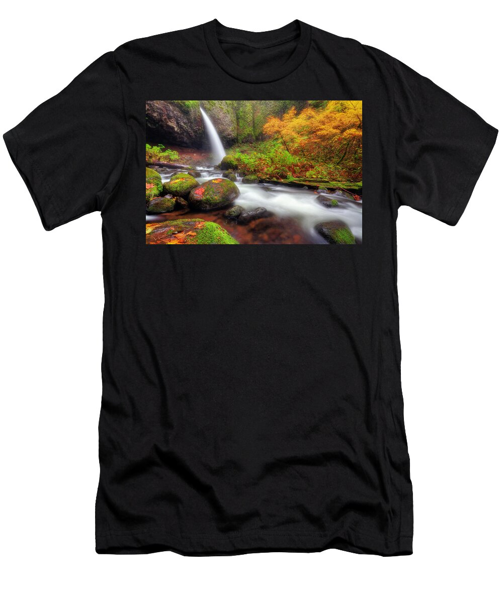 Waterfall T-Shirt featuring the photograph Waterfall with autumn colors by William Lee