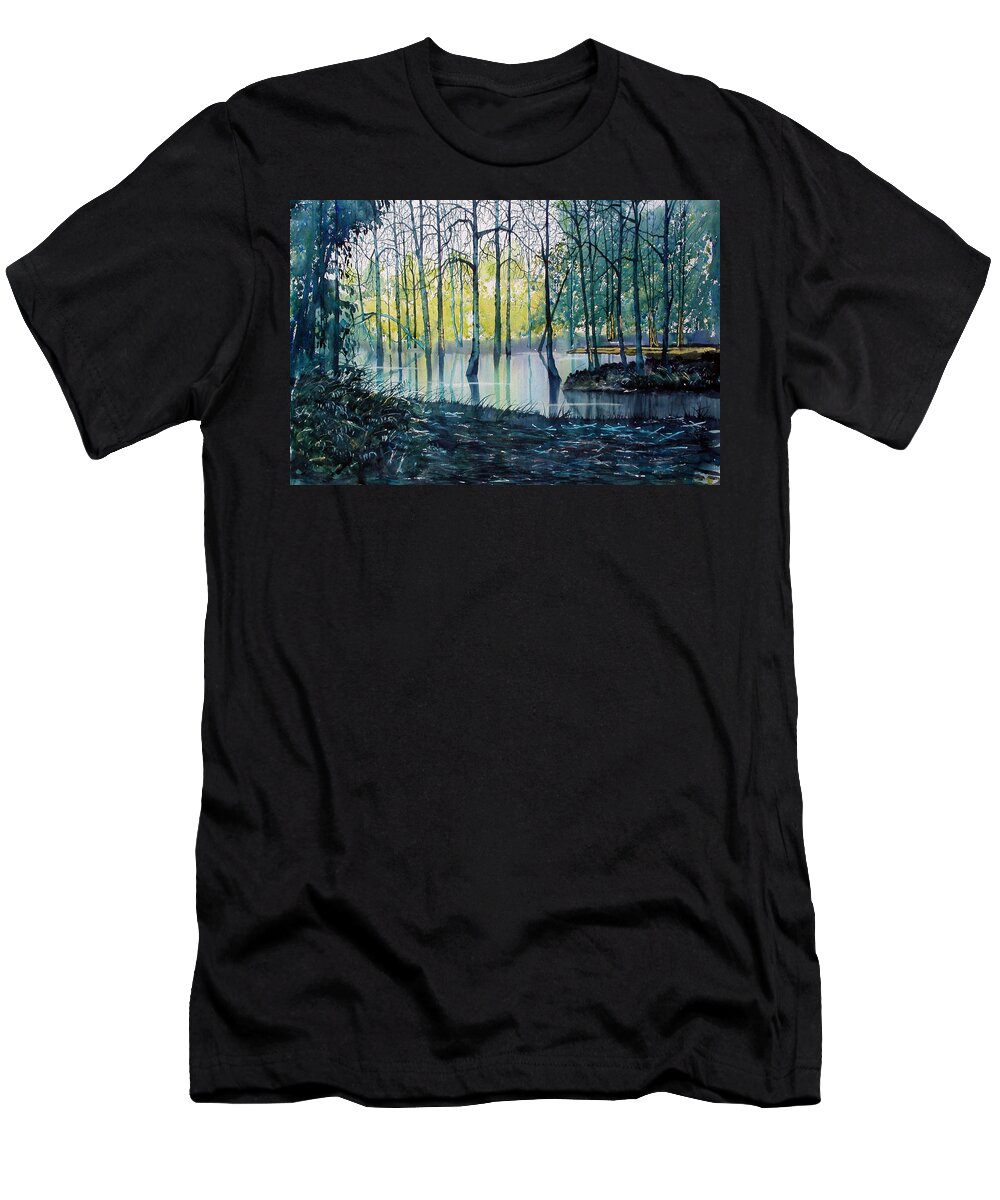 Glenn Marshall T-Shirt featuring the painting Wetlands on Skipwith Common by Glenn Marshall