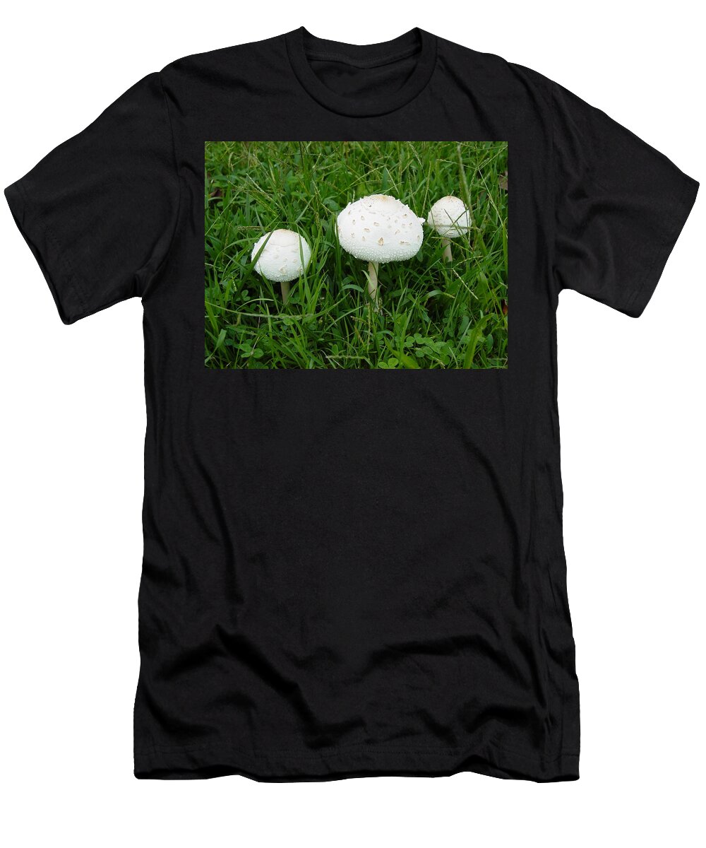 White T-Shirt featuring the photograph White Wild Mushrooms by Dorothy Maier