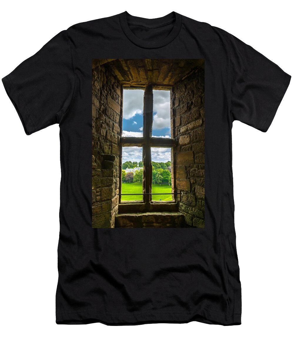 Scotland T-Shirt featuring the photograph Window in Linlithgow Palace with view to a beautiful scottish landscape by Andreas Berthold