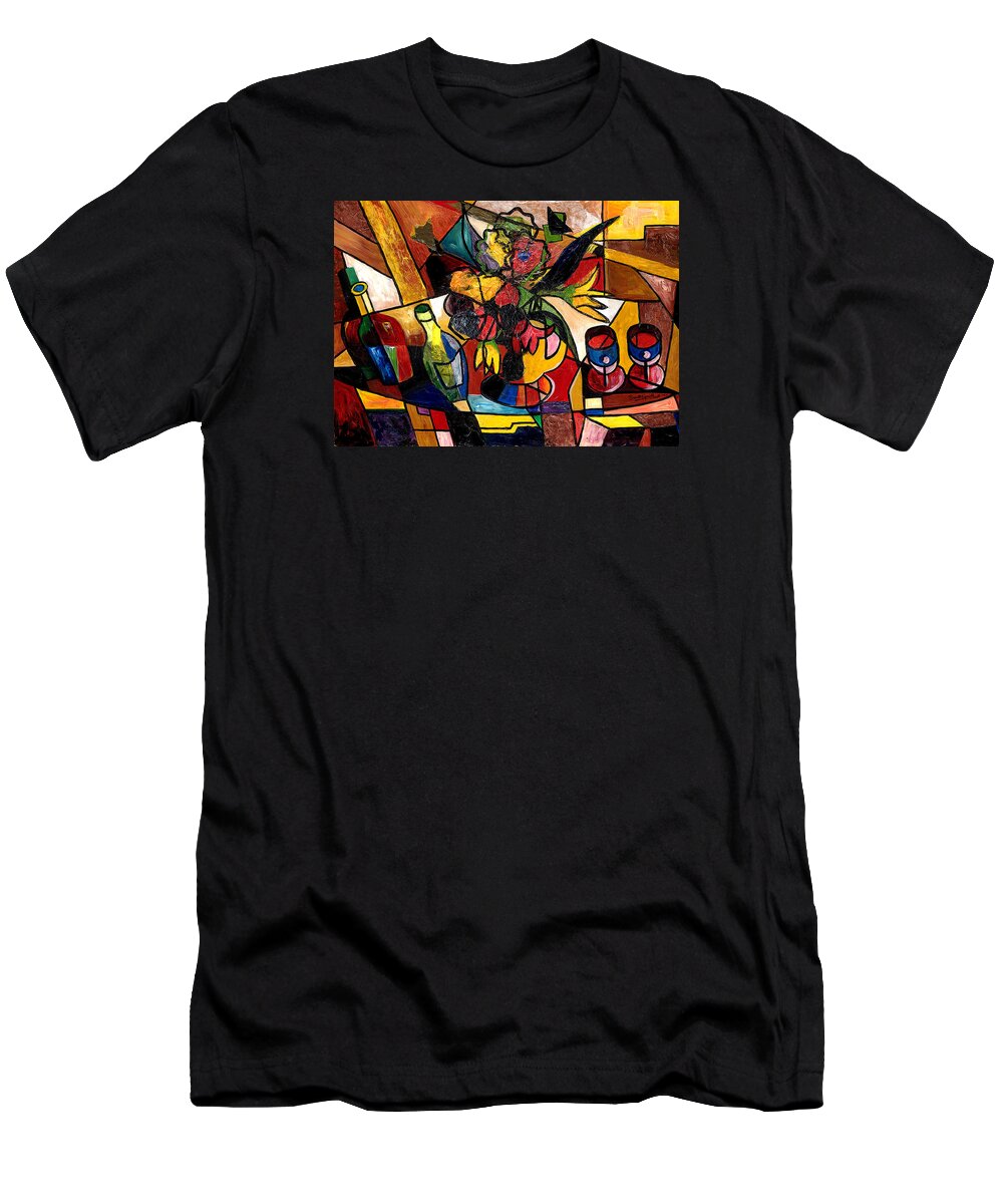 Everett Spruill T-Shirt featuring the painting Wine and Flowers for two by Everett Spruill