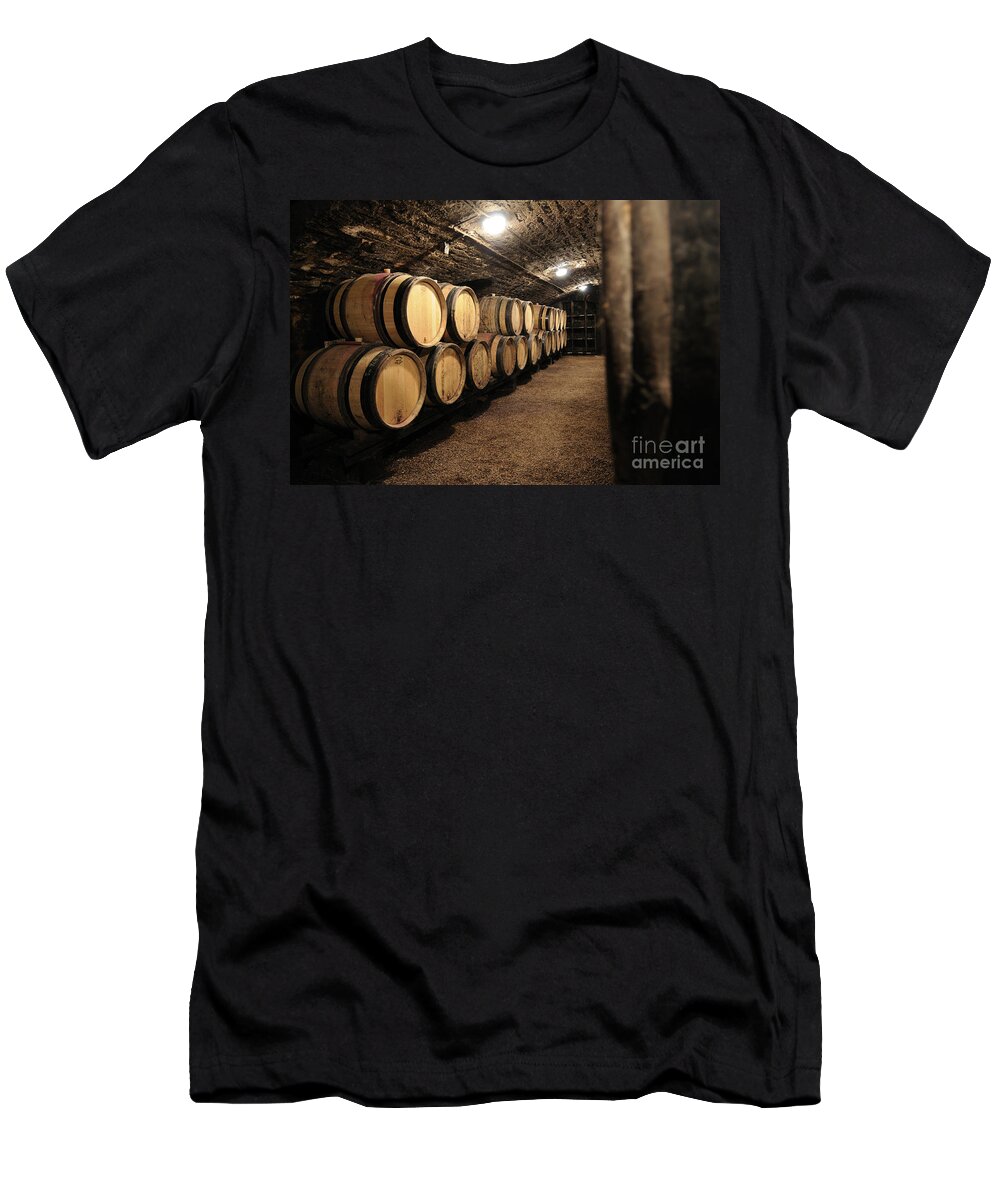 Barrel T-Shirt featuring the photograph Wine barrels in a cellar. Cote d'Or. Burgundy. France. Europe by Bernard Jaubert