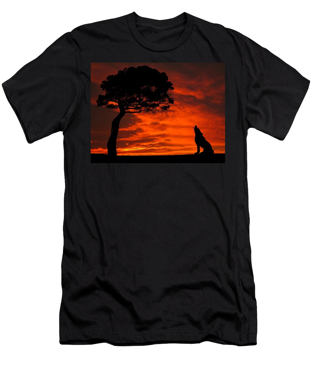 Wolf T-Shirt featuring the photograph Wolf Calling For Mate Sunset Silhouette Series by David Dehner