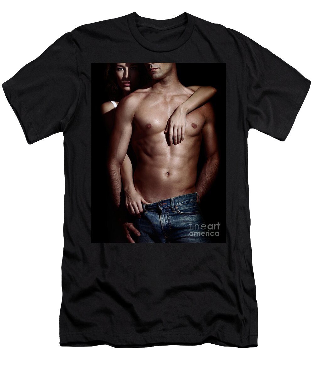 Woman Behind Sexy Man With Bare Torso And Jeans T Shirt For Sale By