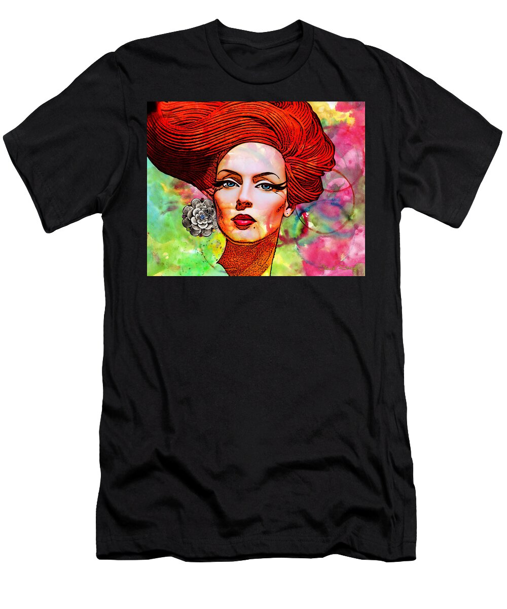 Redhead T-Shirt featuring the mixed media Woman With Earring by Chuck Staley