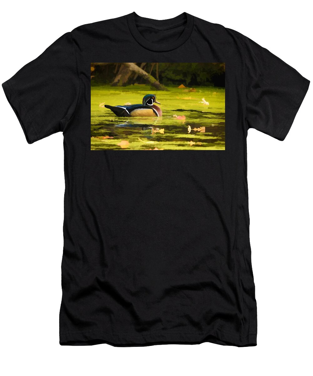 Wood Duck T-Shirt featuring the photograph Wood Duck on Pond  by William Jobes