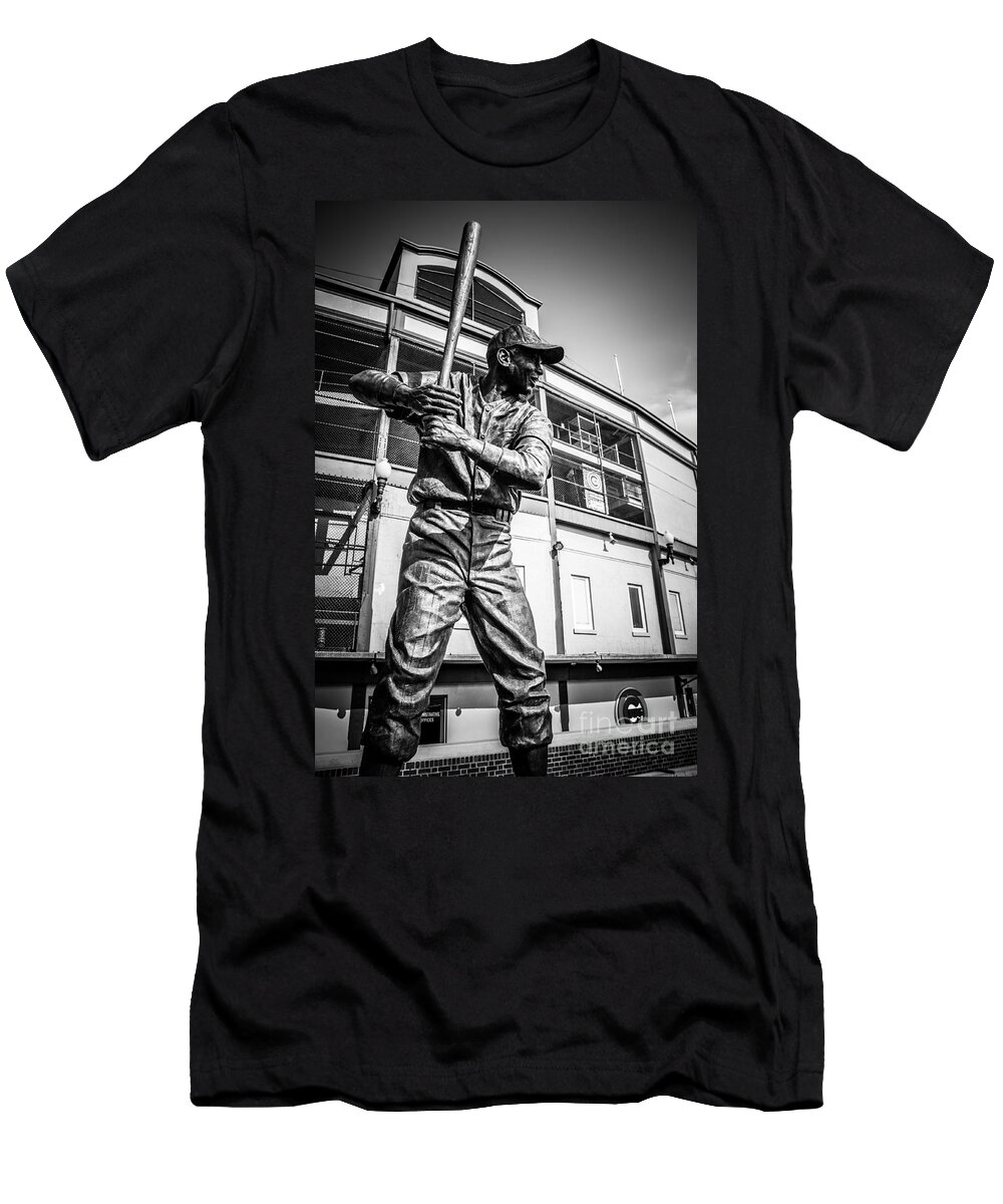 America T-Shirt featuring the photograph Wrigley Field Ernie Banks Statue in Black and White by Paul Velgos