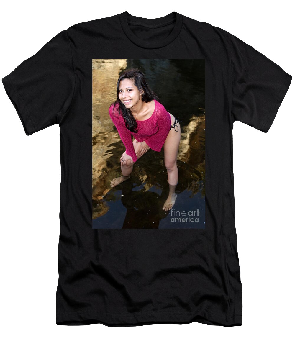 Creek T-Shirt featuring the photograph Young Hispanic Woman In Creek by Henrik Lehnerer