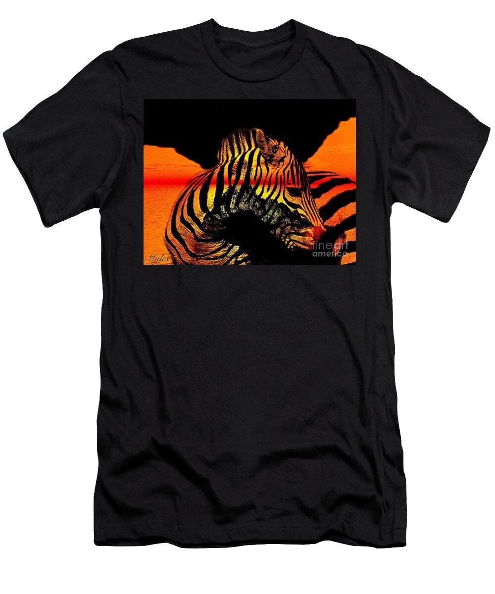 Zebras T-Shirt featuring the painting Zebra at Sunset Abstract by Saundra Myles