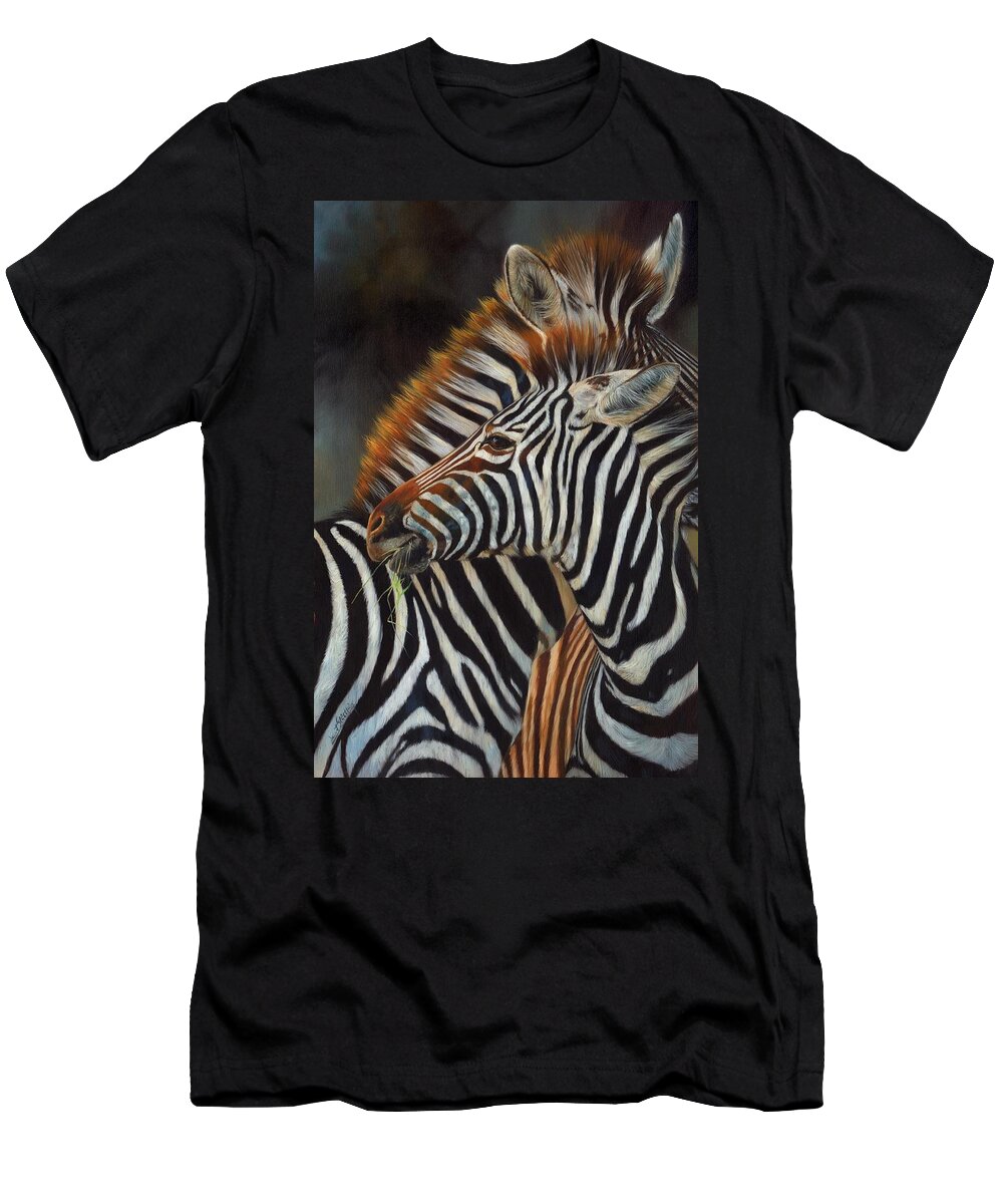 Zebra T-Shirt featuring the painting Zebras by David Stribbling