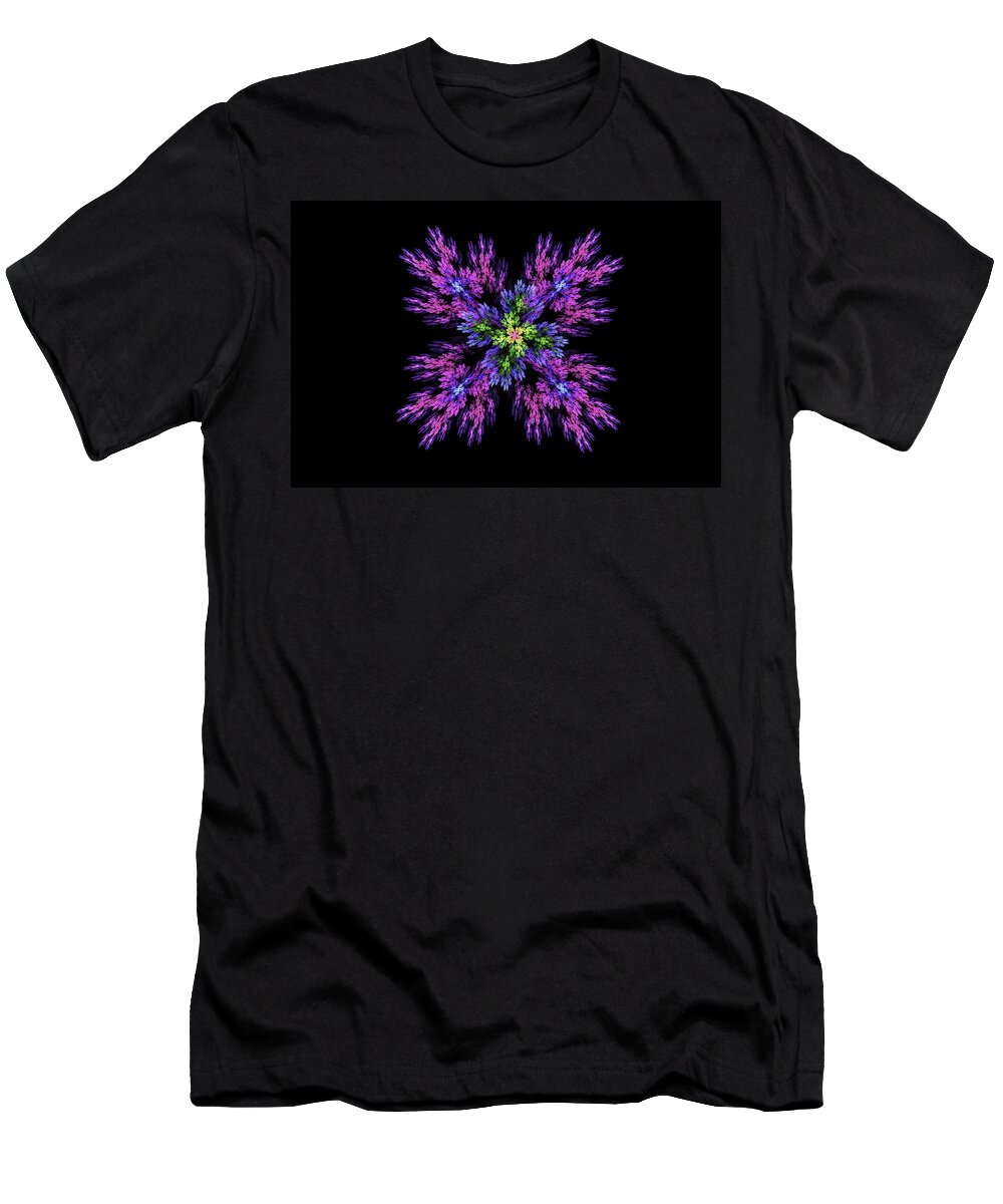 Abstract T-Shirt featuring the photograph Digital Fractal Art Pink Purple Modern Flower Image Black Background by Keith Webber Jr