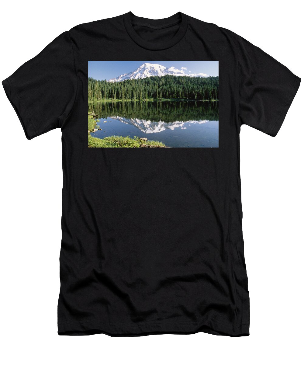 00171283 T-Shirt featuring the photograph Mt Rainier Reflected In Lake Mt Rainier #1 by Tim Fitzharris