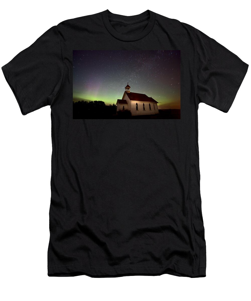 Aurora T-Shirt featuring the digital art Night Church Northern Lights #1 by Mark Duffy