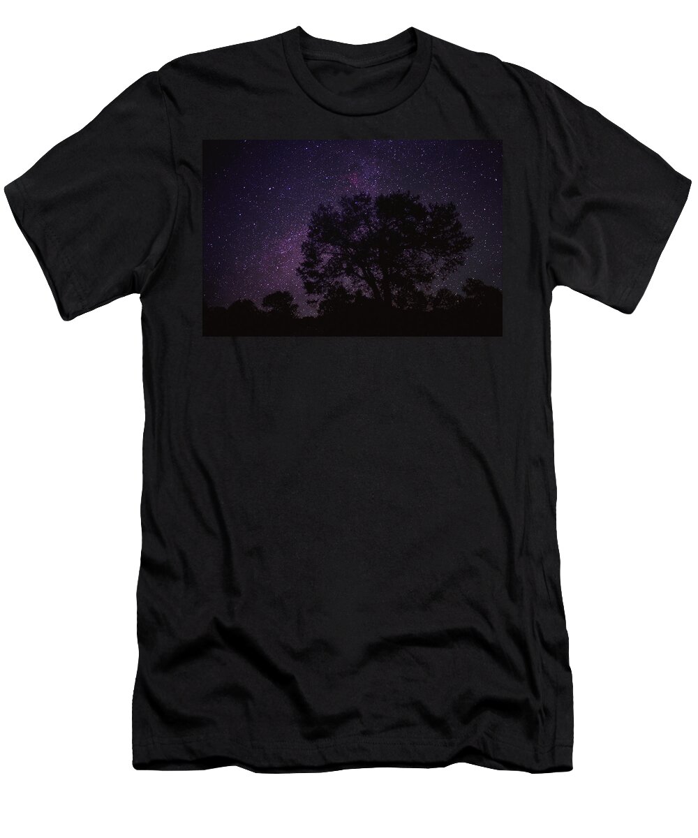00170736 T-Shirt featuring the photograph Starry Sky With Silhouetted Oak Tree #1 by Tim Fitzharris
