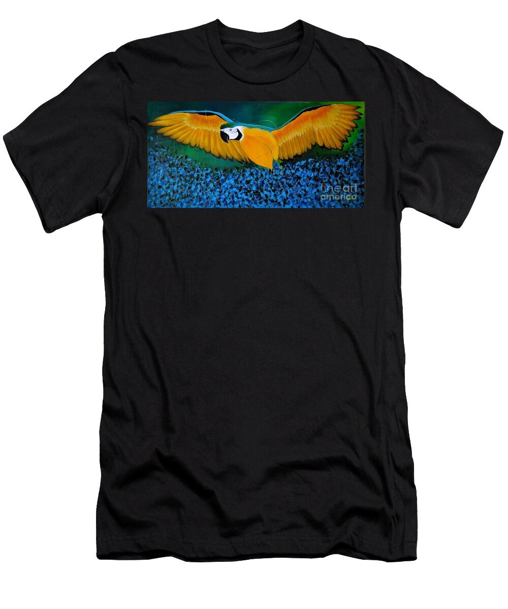 Macaw T-Shirt featuring the painting Macaw On The Rise by Preethi Mathialagan