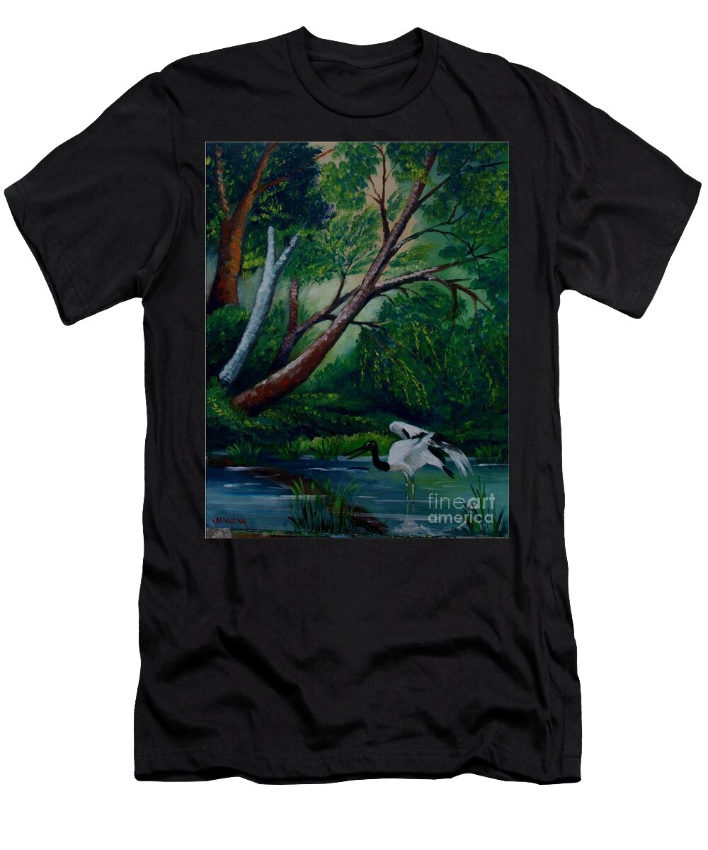 Jaribu Bird Of Costa Rica T-Shirt featuring the painting Bird in the swamp by Jean Pierre Bergoeing