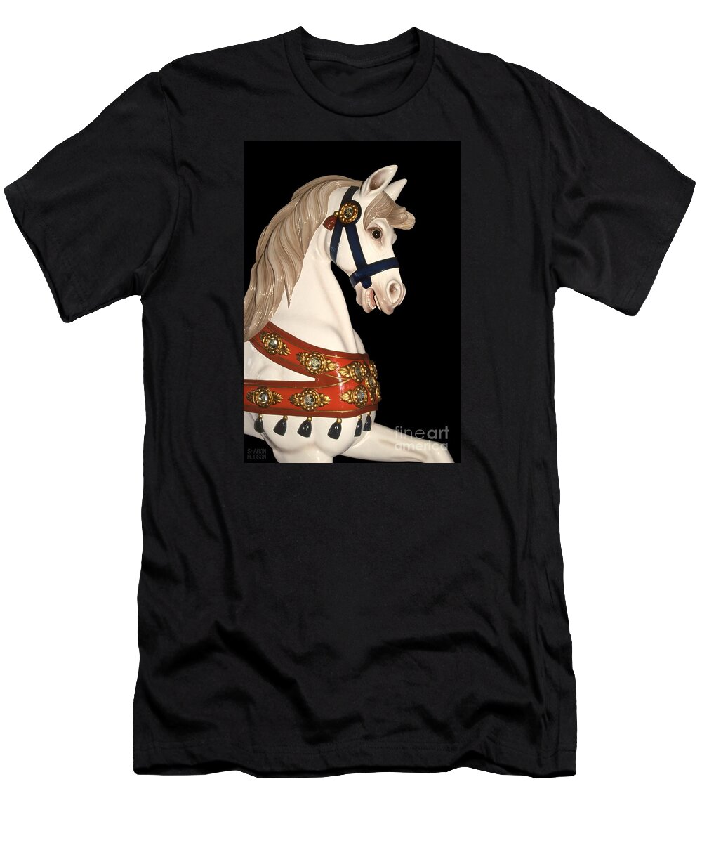 Carousel T-Shirt featuring the photograph carnival ponies - Champagne Champion Prancing by Sharon Hudson