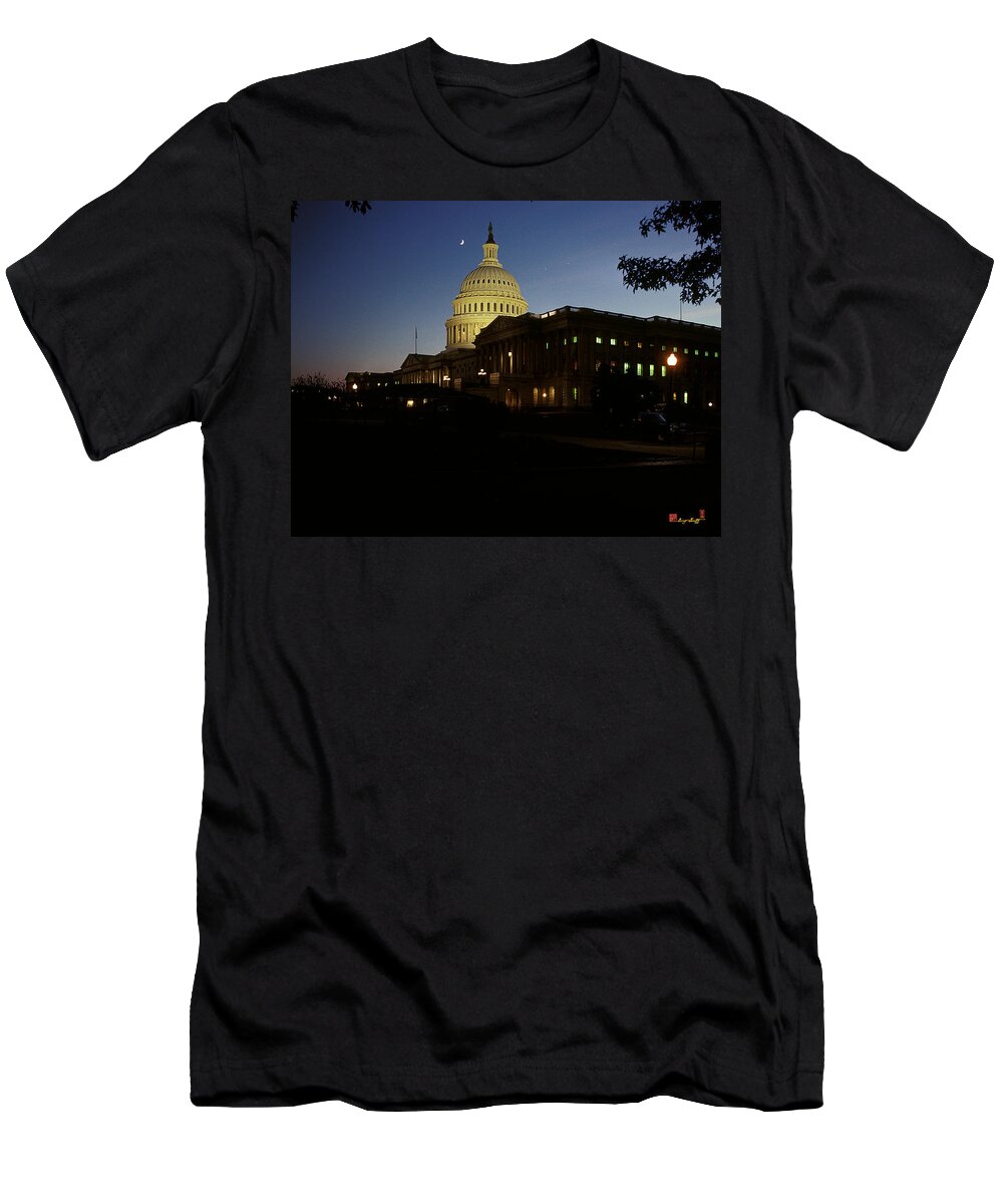 Scenic T-Shirt featuring the photograph Conjunction of Moon Venus and Jupiter over the U S Capitol 15Q by Gerry Gantt