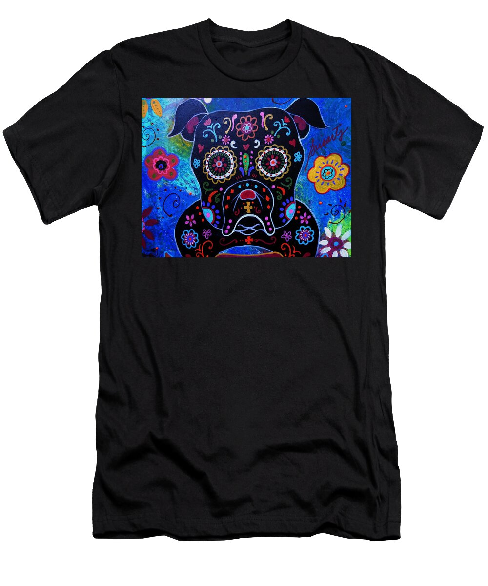 Bulldog T-Shirt featuring the painting Day Of The Dead Bulldog by Pristine Cartera Turkus