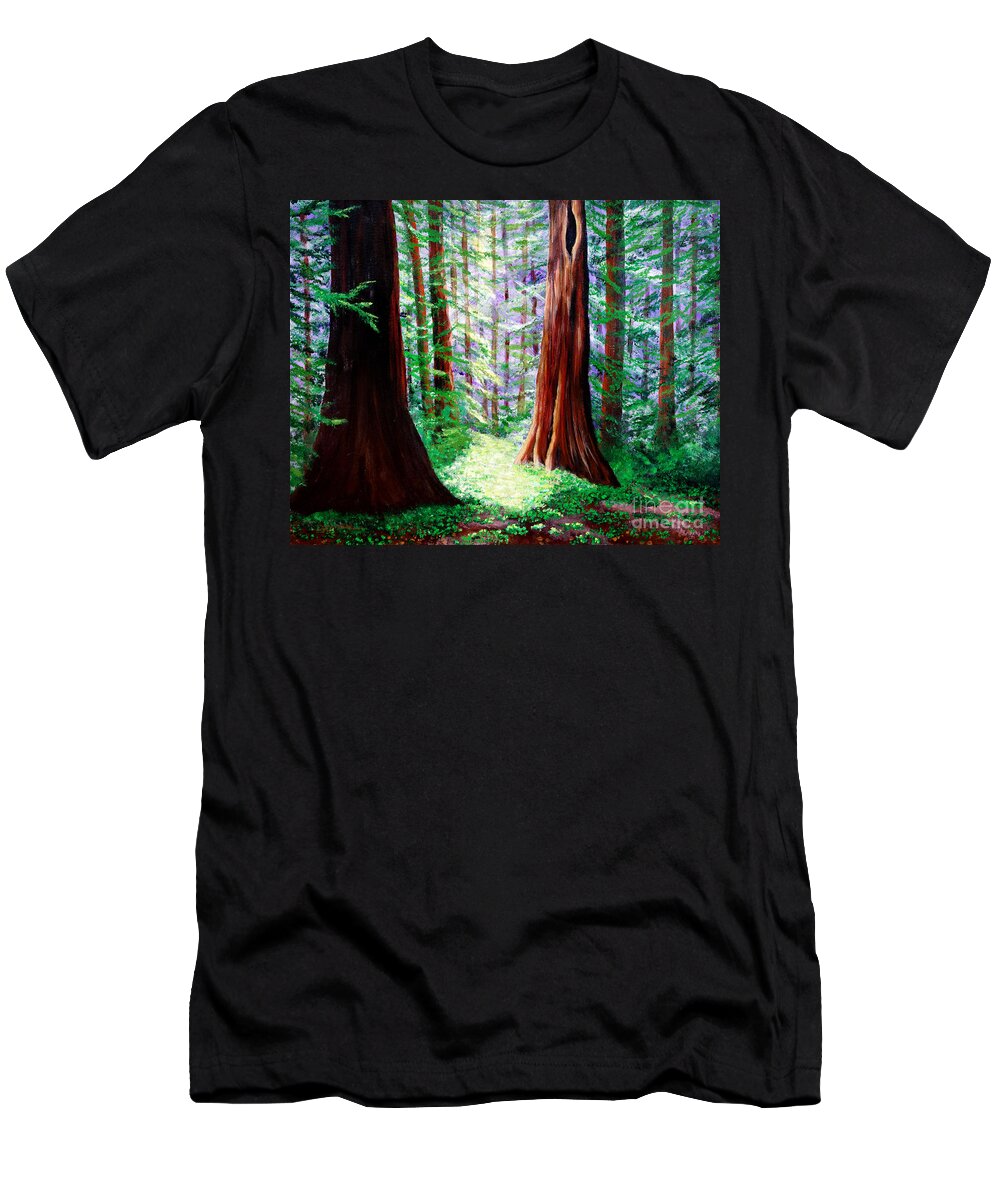 Redwood T-Shirt featuring the painting Daybreak in the Redwoods by Laura Iverson