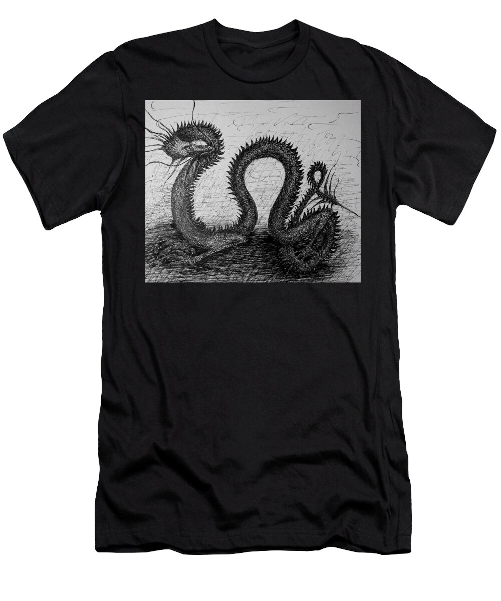 Dragon T-Shirt featuring the drawing Dragon Looking Back by Gitta Brewster