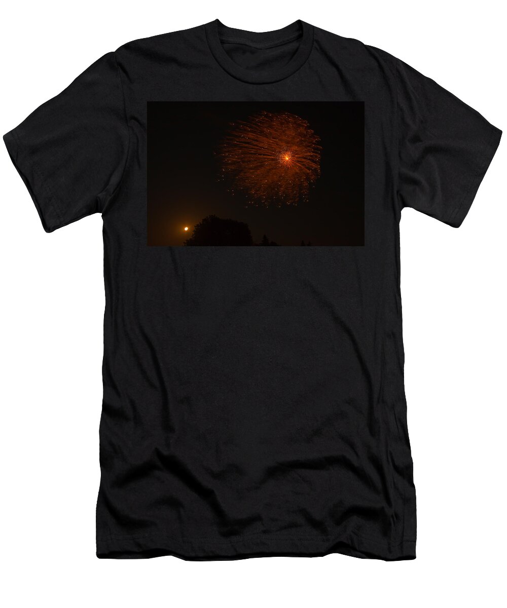  T-Shirt featuring the photograph Fireworks and Wildfire Moon by Tom Gort
