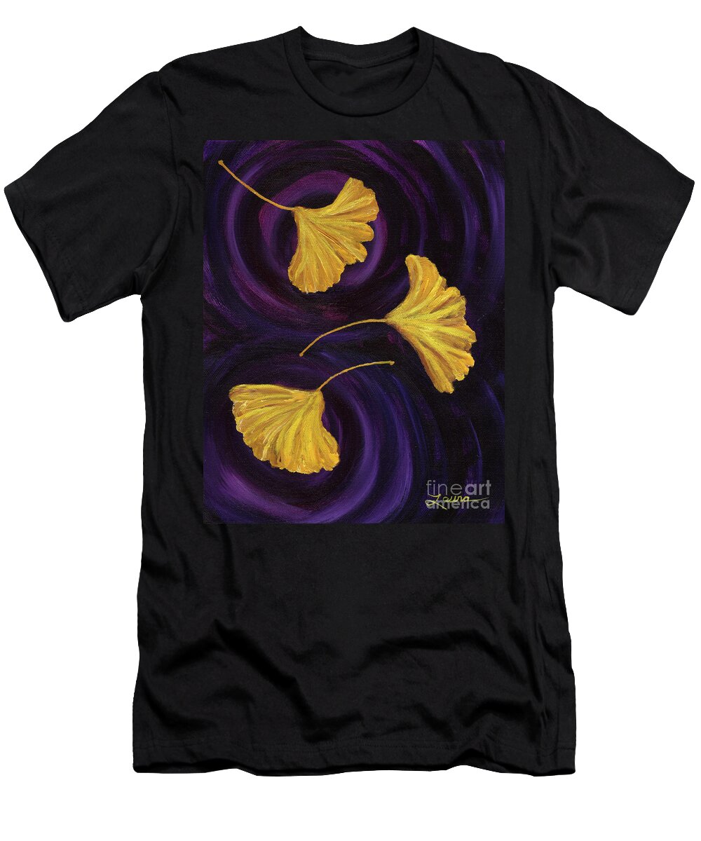 Japanese T-Shirt featuring the painting Ginkgo Leaves in Swirling Water by Laura Iverson