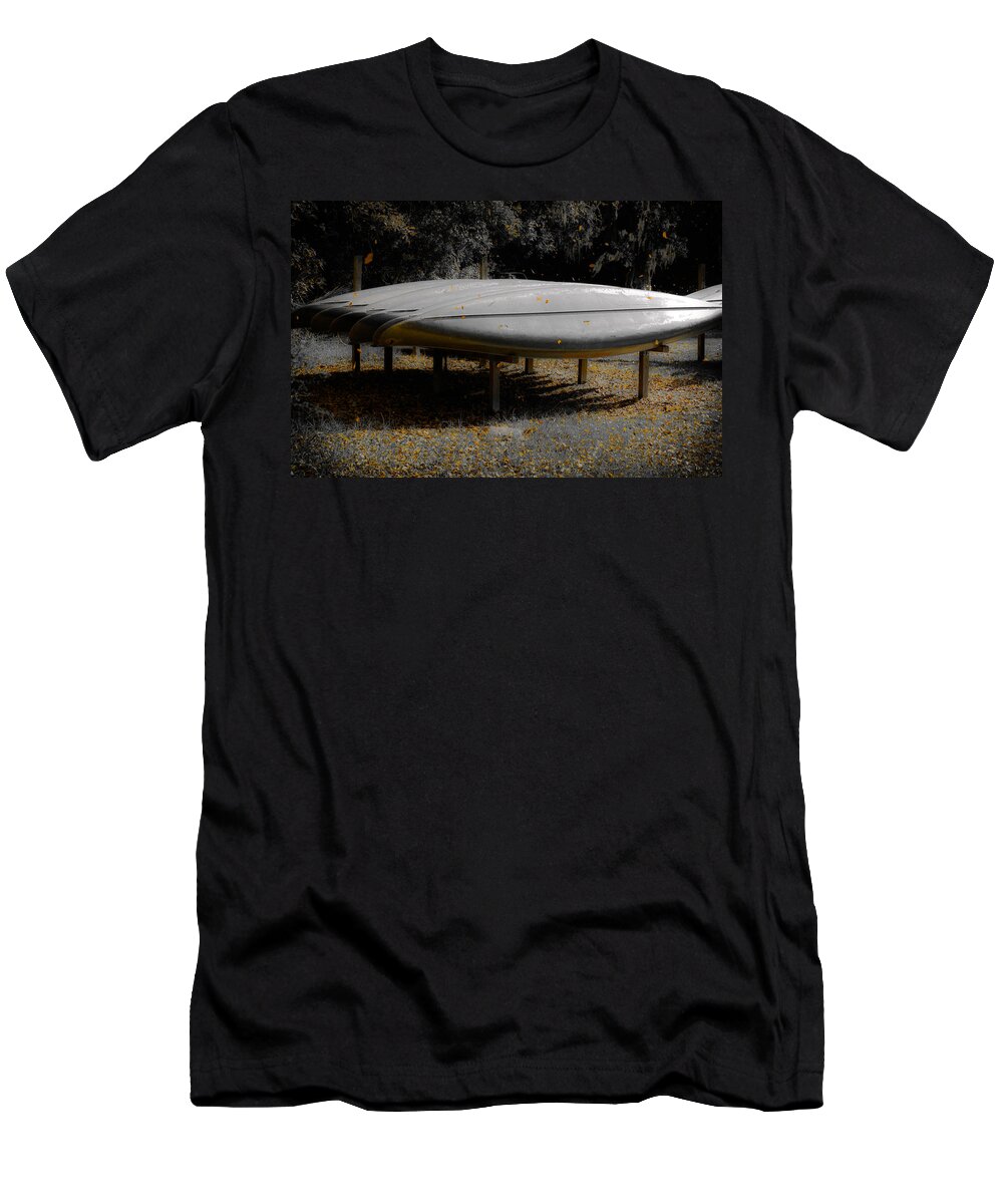 Canoes T-Shirt featuring the photograph Golden Autumn Shower by DigiArt Diaries by Vicky B Fuller