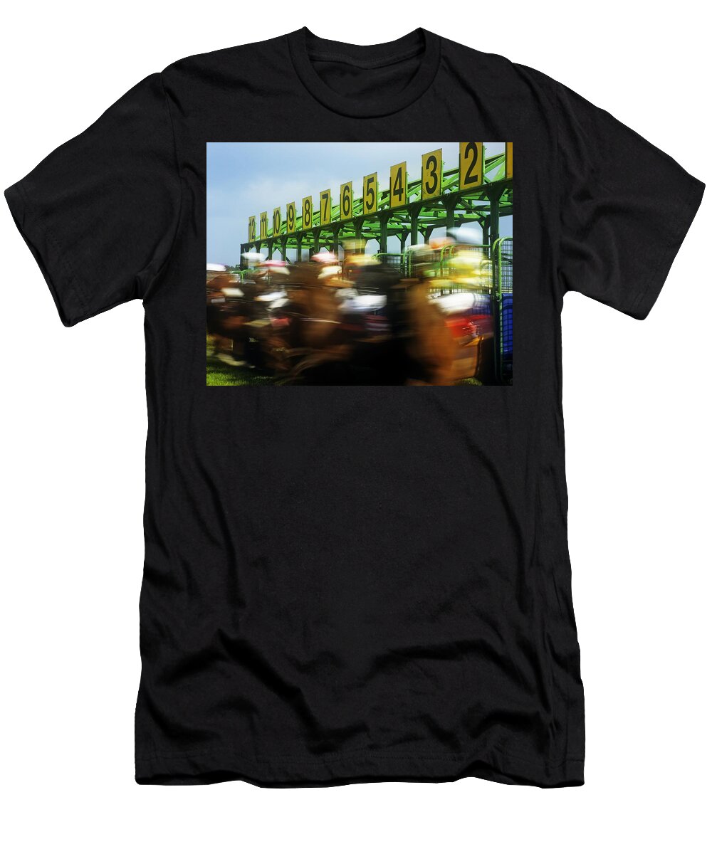Beginnings T-Shirt featuring the photograph Jockeys Leaving Starting Gates by The Irish Image Collection 