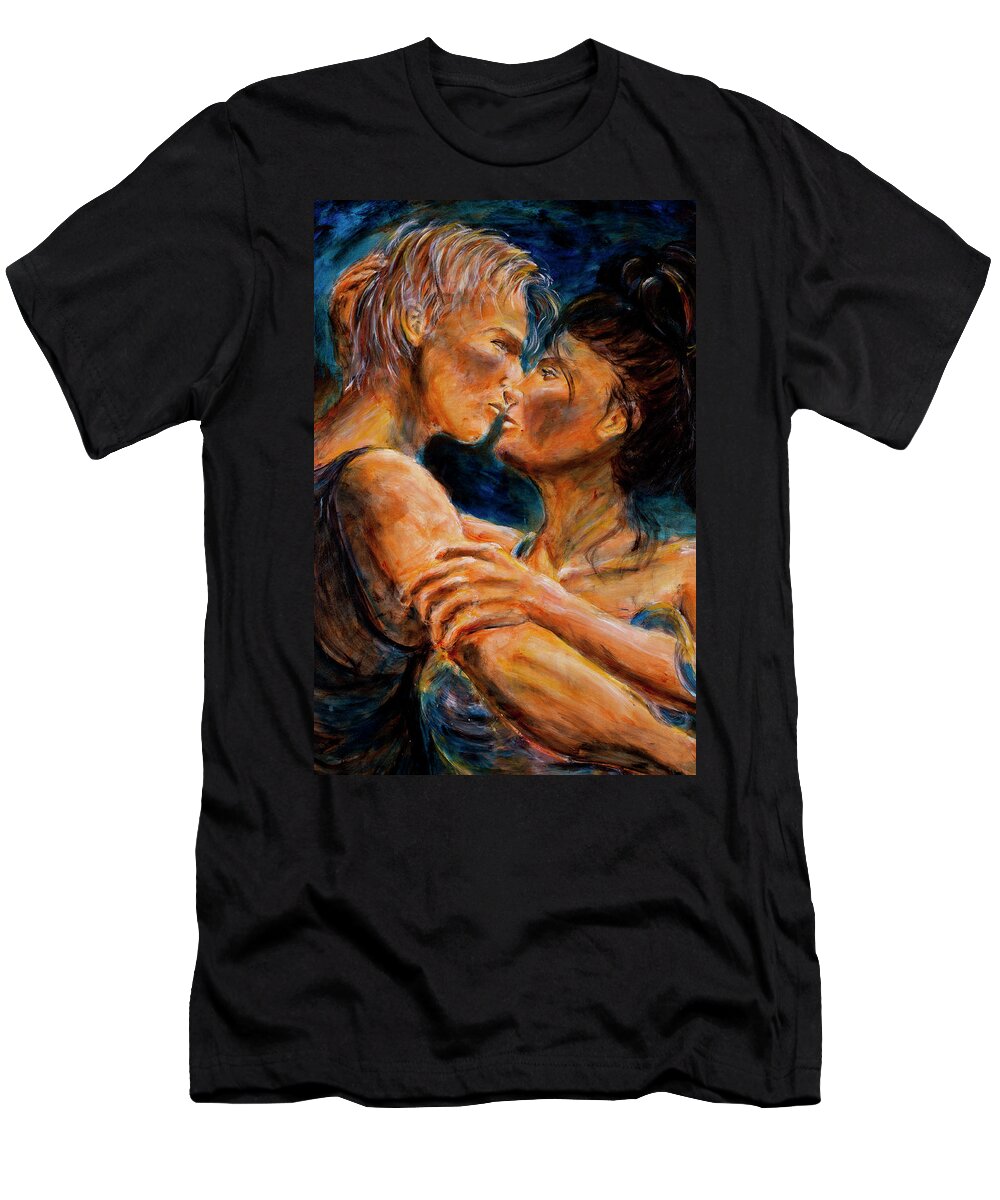 Lovers T-Shirt featuring the painting Lovers - Close up by Nik Helbig