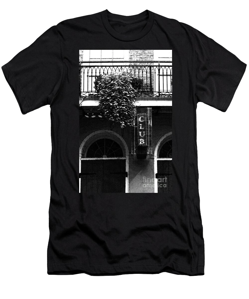 New Orleans T-Shirt featuring the digital art Neon Club Sign Bourbon Street Corner French Quarter Black and White Fresco Digital Art by Shawn O'Brien