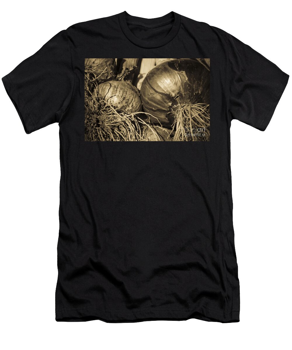 Onion T-Shirt featuring the photograph Onion and Garlic Sepia by Jim And Emily Bush