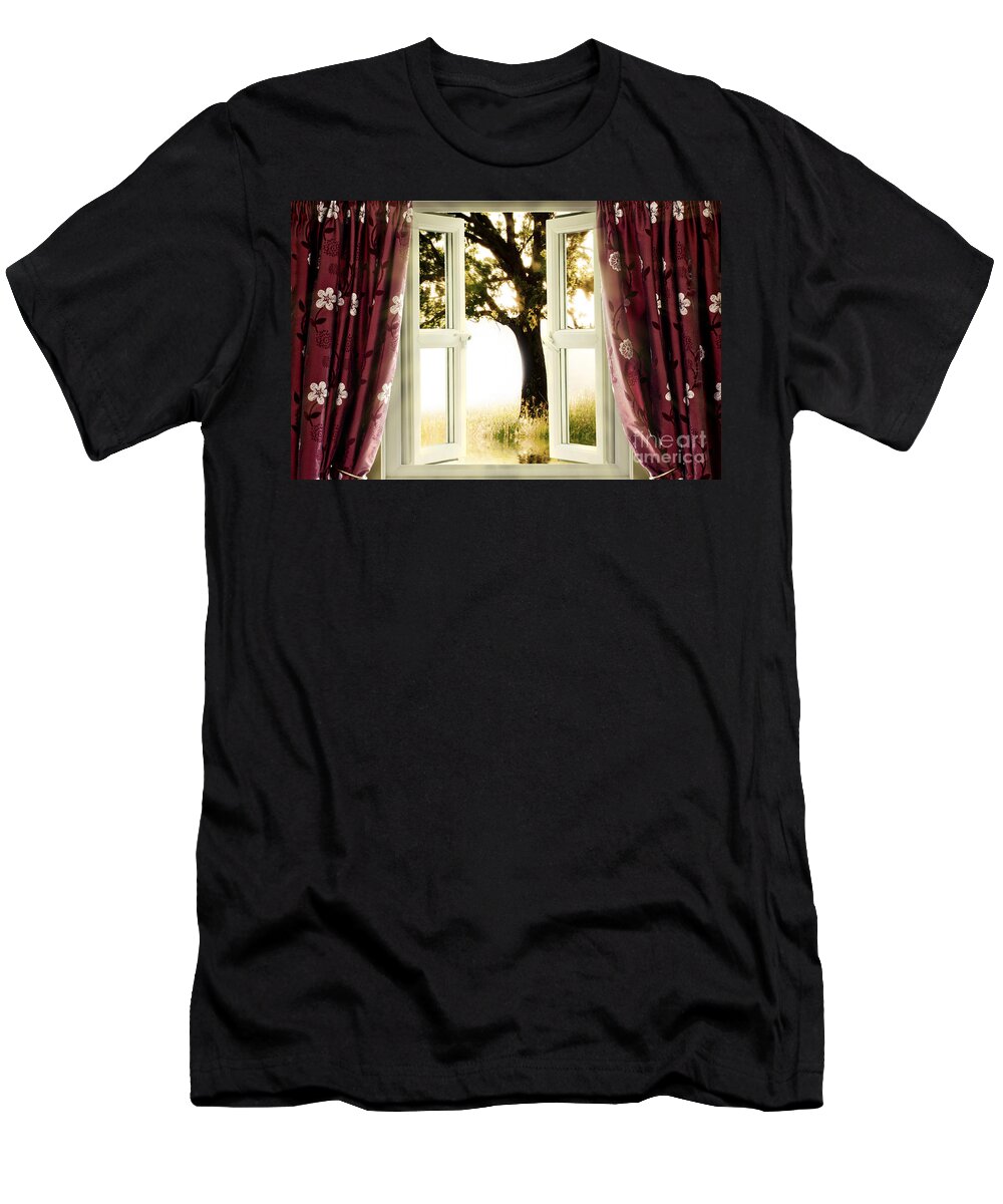 Window T-Shirt featuring the photograph Open window to tree by Simon Bratt