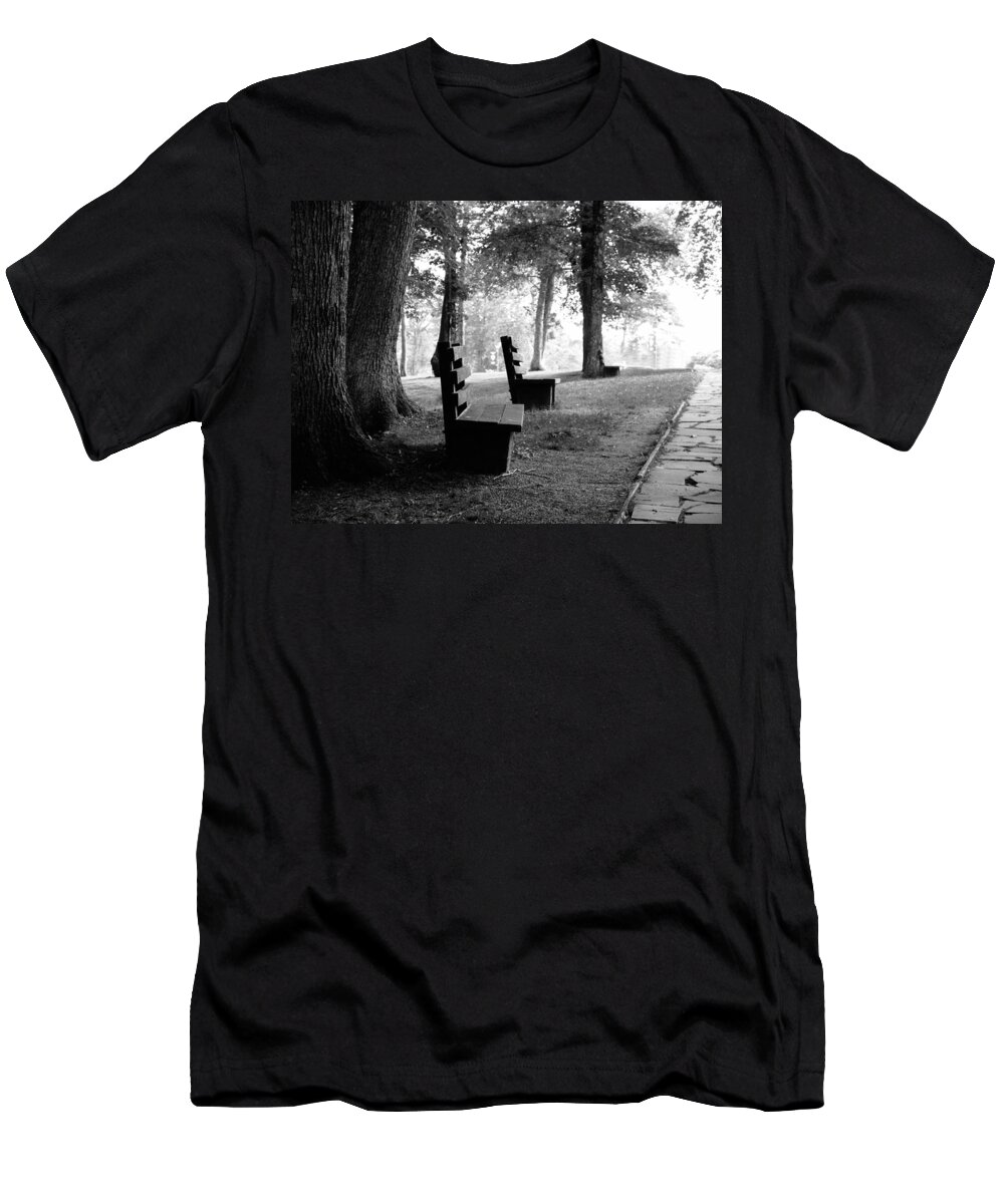 Black And White T-Shirt featuring the photograph Park Bench in Black and White by Lisa Lambert-Shank