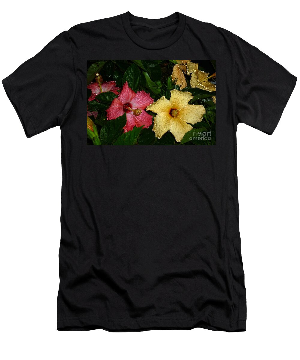 Hibiscus T-Shirt featuring the photograph Pink and Yellow Hibiscus After the Rain by Renee Trenholm