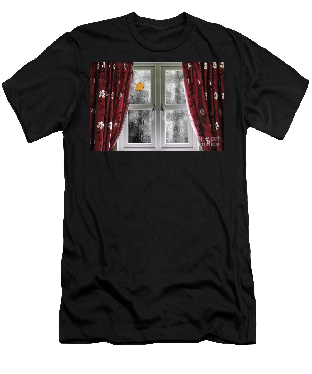 Window T-Shirt featuring the photograph Rain on a window with curtains by Simon Bratt