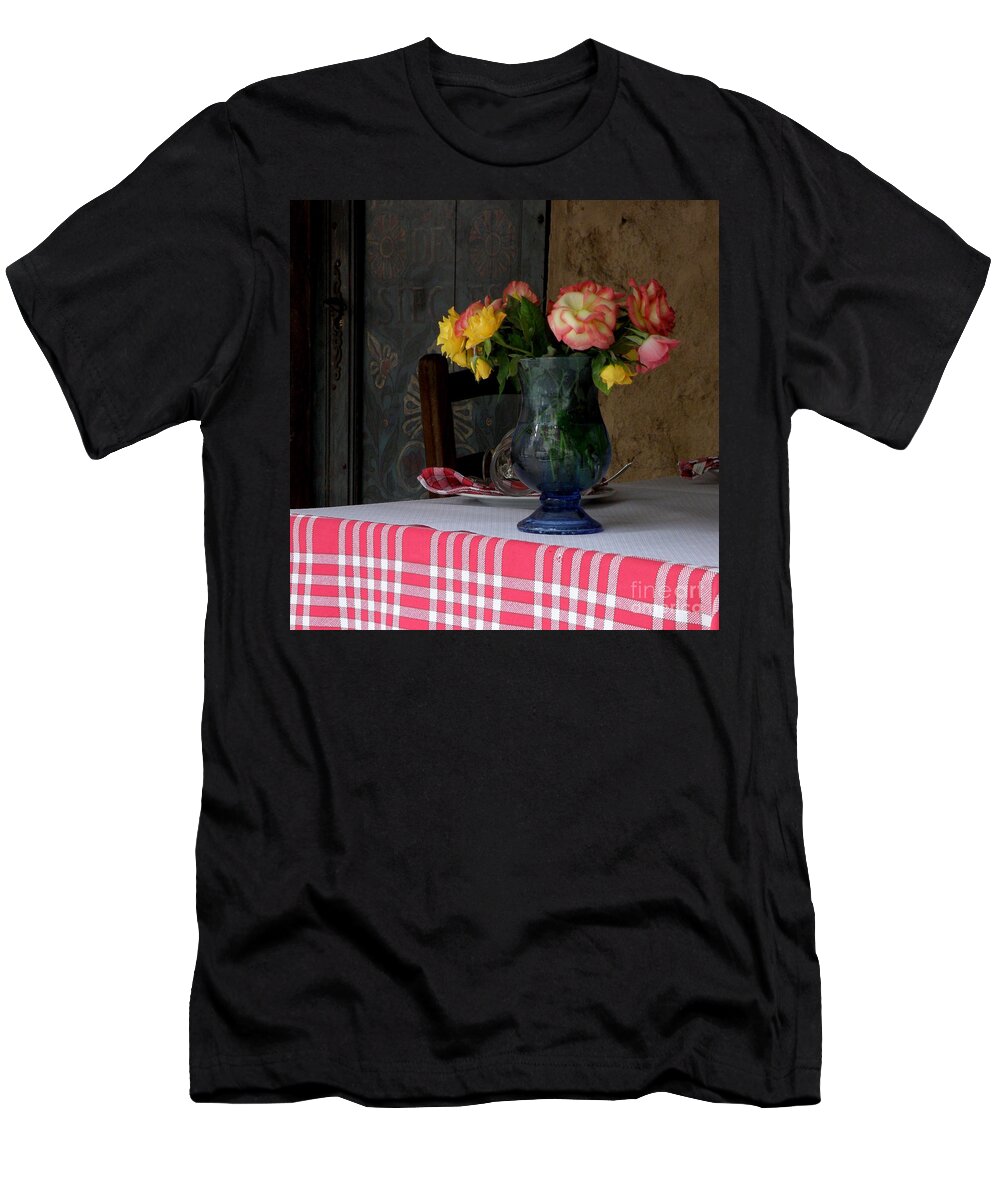 Roses T-Shirt featuring the photograph Roses in Blue Glass Vase by Lainie Wrightson