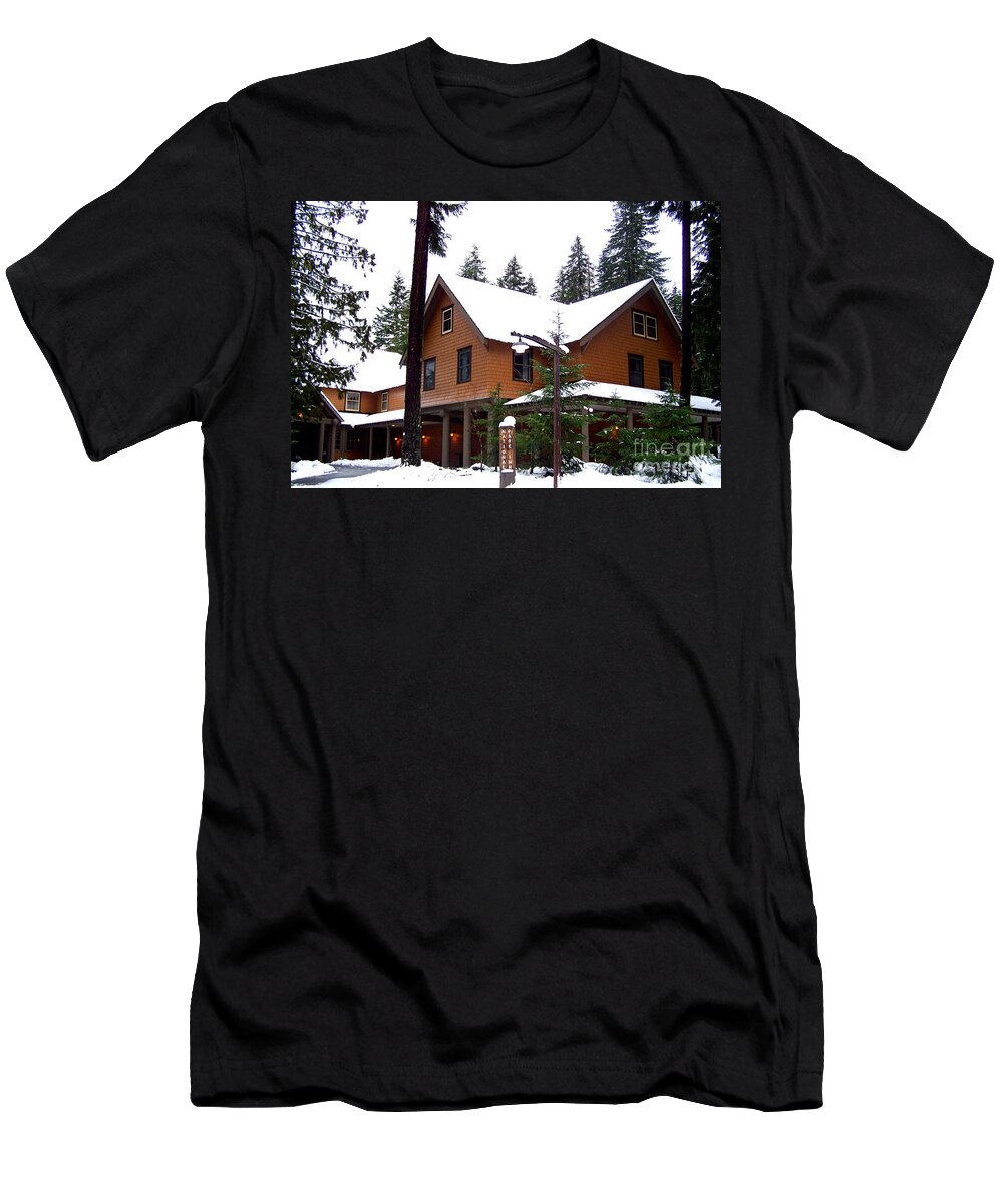 Snow T-Shirt featuring the photograph Snow Atop the Inn at Longmire by Kathy White