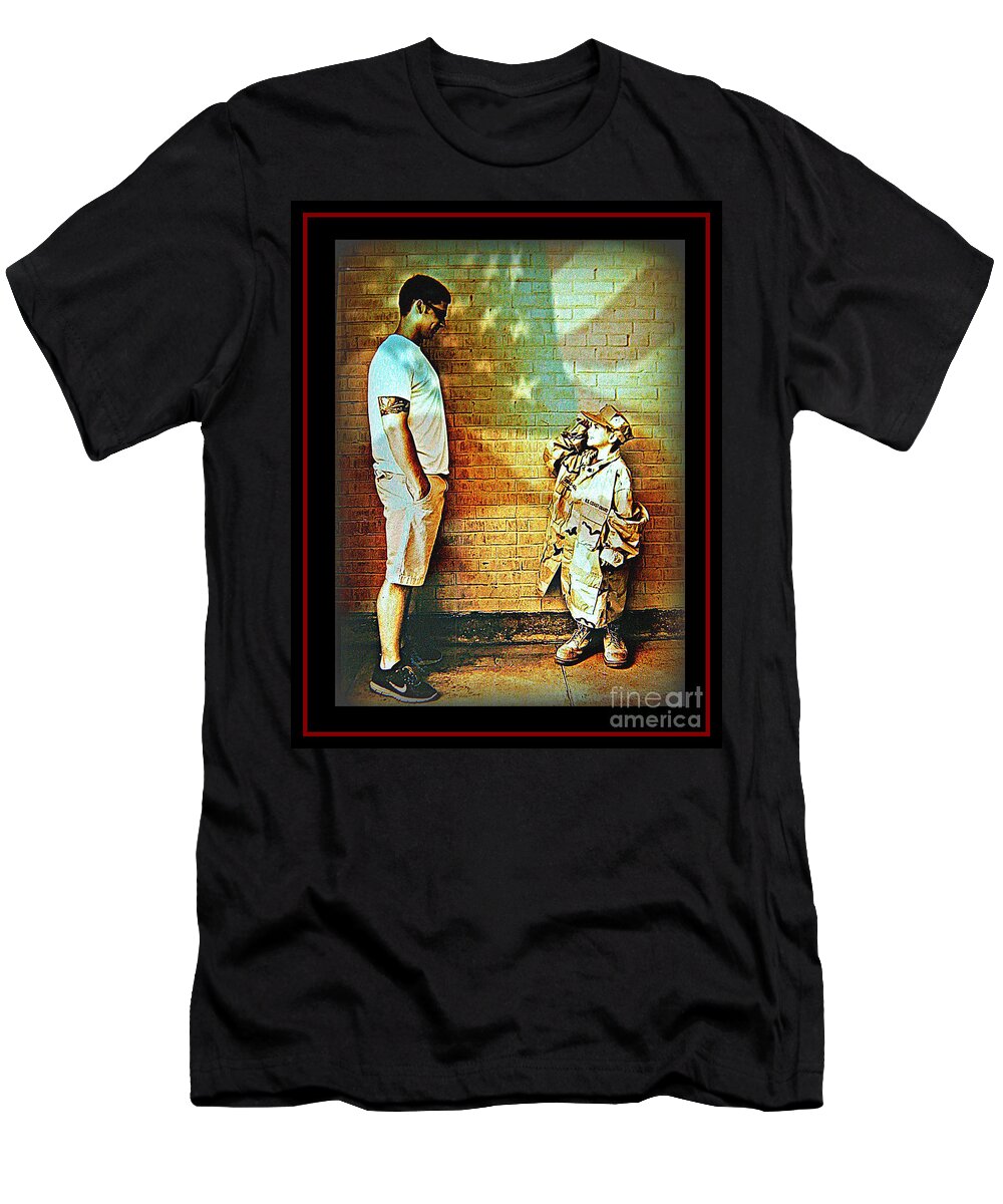 America T-Shirt featuring the photograph Spirit of Freedom - Soldier and Son by Leslie Revels