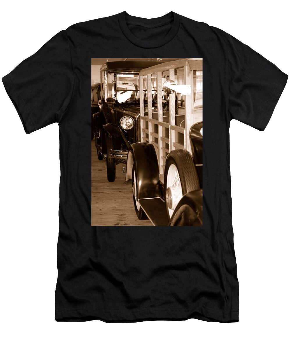 Old Vehicles Shipping Vessel San Francisco Ca Cars Trucks Vintage Floating Museum T-Shirt featuring the photograph The Old Line Up by Holly Blunkall