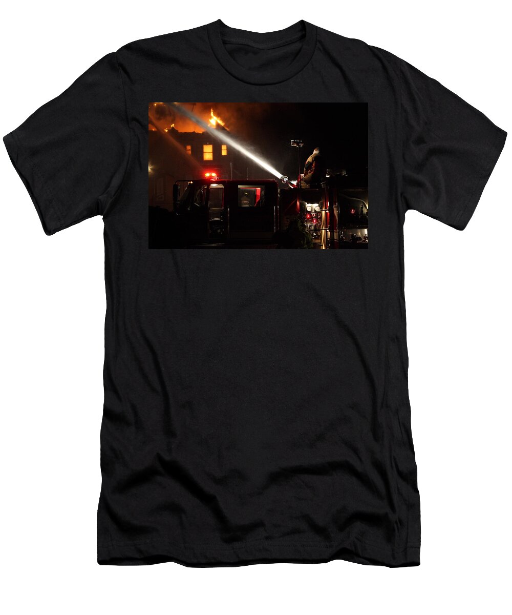 Fire T-Shirt featuring the photograph Water On The Fire From Pumper Truck by Daniel Reed