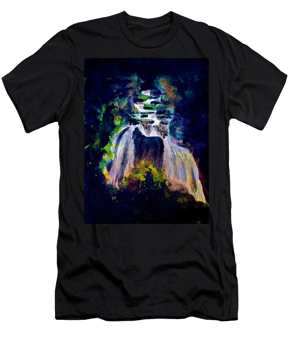 Waterfall T-Shirt featuring the painting Water's Moonlit Path by Frank SantAgata