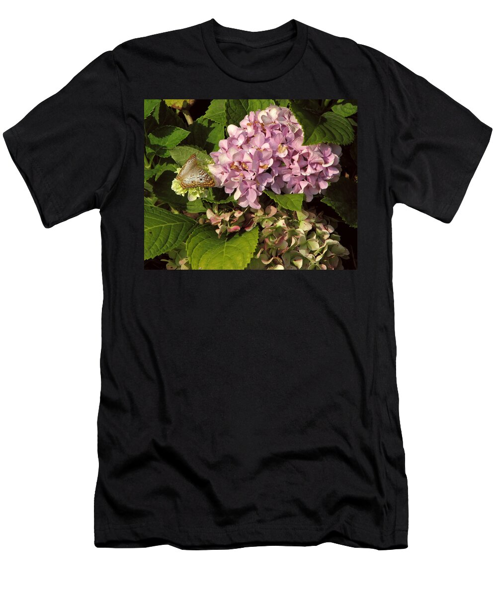 Floral T-Shirt featuring the photograph White Peacock on Hydrangea by Peggy Urban