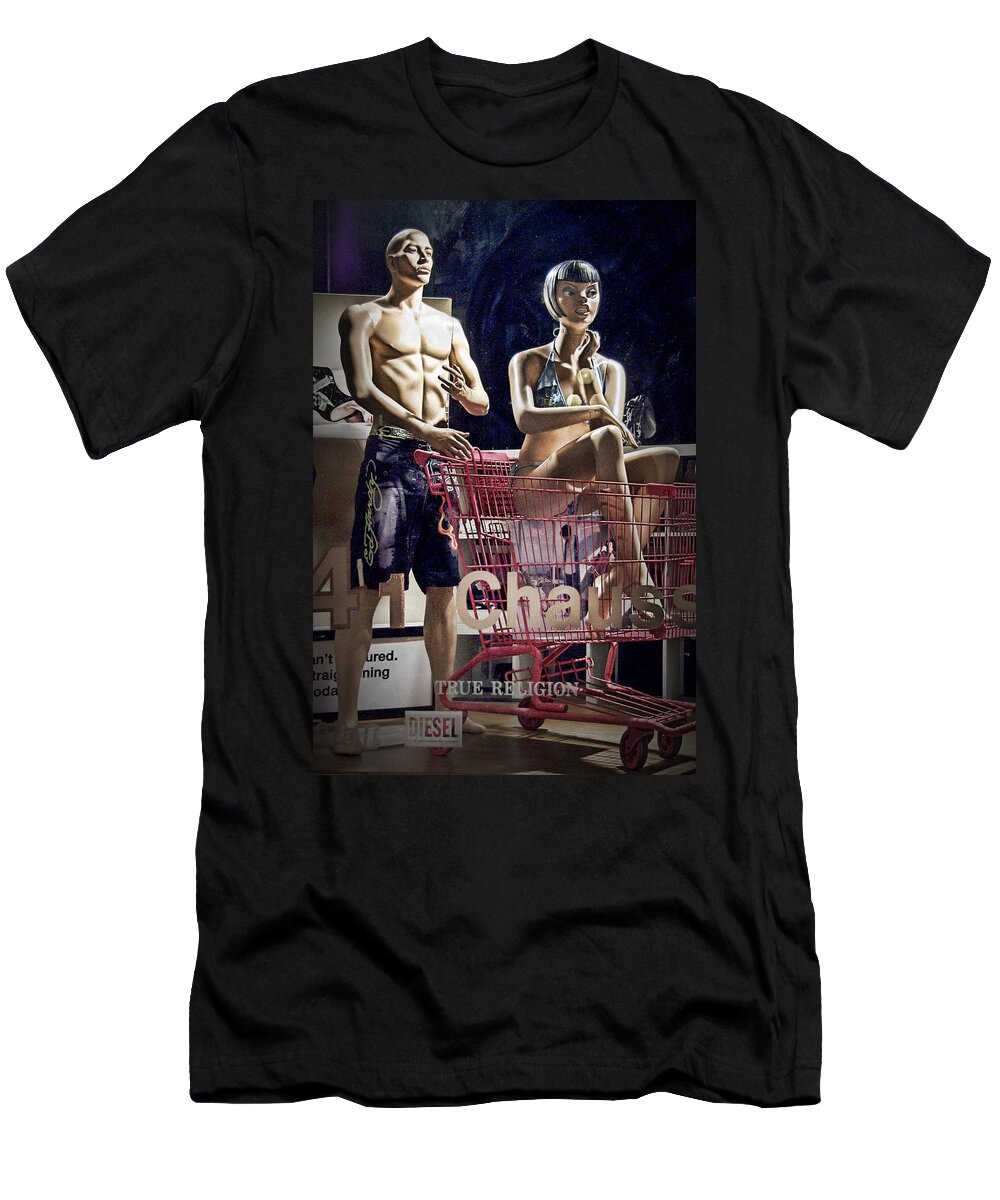Art T-Shirt featuring the photograph Window Display with Mannequins and shopping cart by Randall Nyhof