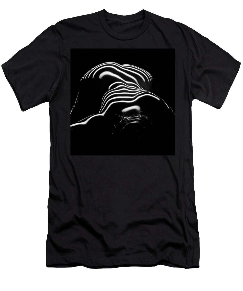 Zebra T-Shirt featuring the photograph 0686-AR Head Down Bottom Up Zebra Striped Female Figure by Chris Maher